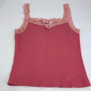 Y2k Deb Two Toned Pink Contrast Lace Ribbed Tank Top sz L, short, Coquette
